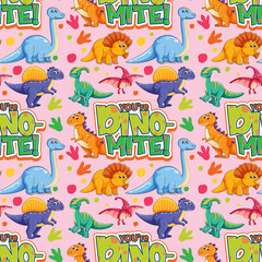 Seamless pattern with cute dinosaurs and font on pink background