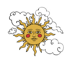 Vintage Mystic Sun with human face in the sky with clouds colorful illustration in line art style
