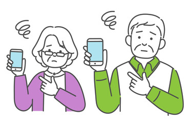 イラスト素材　シニア　夫婦　中高年 　スマホ　困る