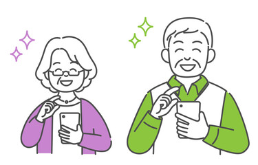 イラスト素材　シニア　夫婦　中高年 　スマホ　喜ぶ