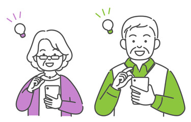 イラスト素材　シニア　夫婦　中高年 　スマホ　ひらめき