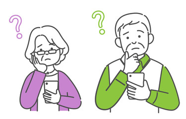 イラスト素材　シニア　夫婦　中高年 　スマホ　悩む