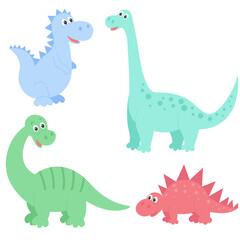 Dinosaurs set vector illustration. Wild extinct animals of the Jurassic period. Characters for the design of baby things and objects.