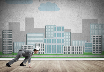 King businessman in elegant suit running and cityscape silhouette at background