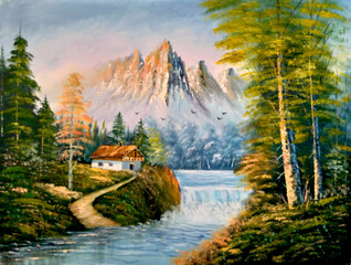 Original oil painting the cottage on the forest