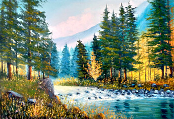 Original oil painting The river in the forest