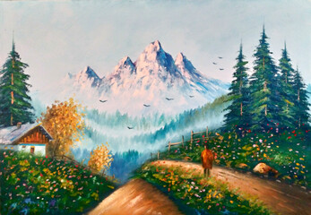 Original oil painting The Cottage and the mountain