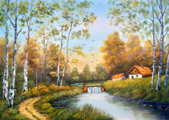 Original oil painting The Cottage and the river waterfall