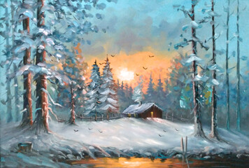 Original Oil Painting The Winter Cottage