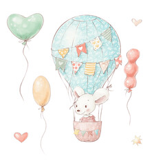 Set of cute cartoon mouse in a balloon and flags