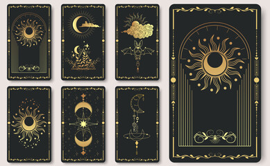 A set of alchemical esoteric mystical magic templates for tarot cards, banners, leaflets, posters,brochures, stickers. Esoteric linear engravings with astrological symbols. Cards with esoteric symbols