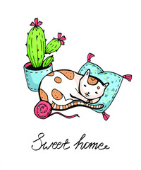 Vector color illustration. Sticker. A domestic cat with a ball of thread. Cozy atmosphere. Comfortable things. Suitable for printing on mugs, T-shirts. Signs, postcards.