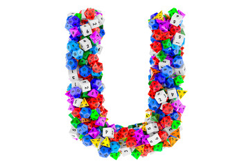 Alphabet letter U, from colored roleplaying dice. 3D rendering