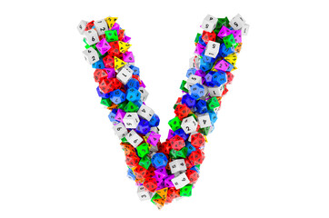 Alphabet letter V, from colored roleplaying dice. 3D rendering
