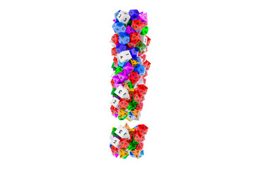 Exclamation mark, from colored roleplaying dice. 3D rendering