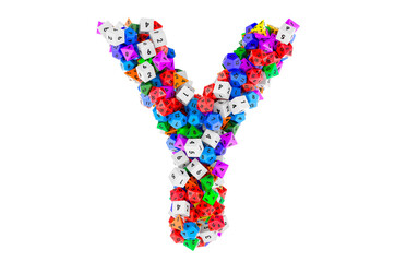 Alphabet letter Y, from colored roleplaying dice. 3D rendering