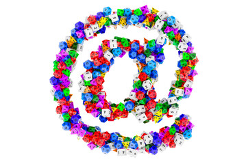 E-mail, at sign from colored roleplaying dice. 3D rendering