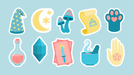 Items for witchcraft ritual stickers. Magic hat with crescent moon mystical fly agarics. Cats paw with ancient scroll and tarot cards. Mortar and human hand pentagram. Vector cartoon label
