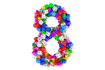 Number 8, from colored roleplaying dice. 3D rendering