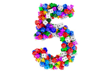 Number 5, from colored roleplaying dice. 3D rendering