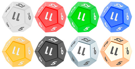 Set of 12 sided die, dodecahedron dice, various colors. 3D rendering