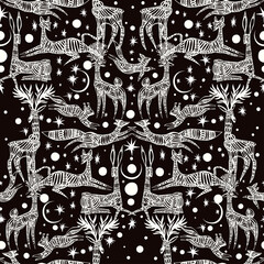 Dreamy starry night with wild magic forest animals dancing, seamless pattern in minimalism aesthetic background.