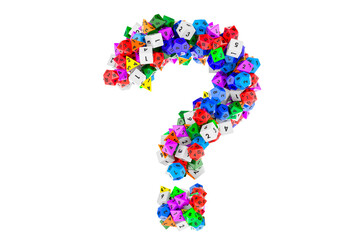 Question mark from colored roleplaying dice. 3D rendering