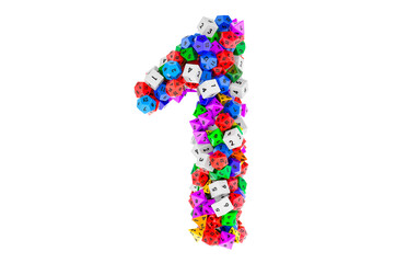 Number 1, from colored roleplaying dice. 3D rendering
