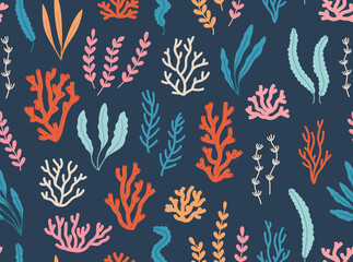 Seamless pattern of seaweed and corals. Concept of ocean flora and fauna, marine and underwater life, summertime. Colored vector illustration, isolated on blue.