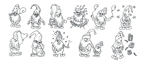 Set of handdrawn outline funy gnomes for coloring book