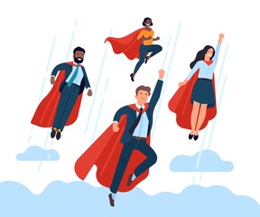 Super businessman team. Flying office employees team, hero poses and red capes, corporate interaction, successful work vector concept - obrazy, fototapety, plakaty