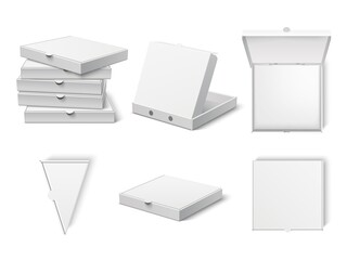 Pizza box mockup. Realistic clean white packaging, 3d open and closed containers, delivery cardboard packing, italian fast food. Vector set