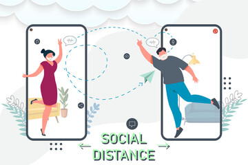 The girl and the guy are happy that they can communicate via the Internet and social networks. Vector concept of world global communication with long distances