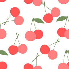 Seamless pattern with cherry and green leaves on white background vector.
