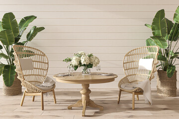 Coastal design dining room with table and wicker furniture. Mockup white wall in cozy home interior background. Hampton style 3d render illustration.