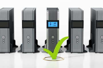 Uninterruptible power supply UPS with green checkmark stands out. 3D illustration - obrazy, fototapety, plakaty