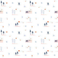 Christmas seamless pattern with trees. Winter pattern with a variety of pines and firs. Vector stock illustration with gift boxes on white background with red accents