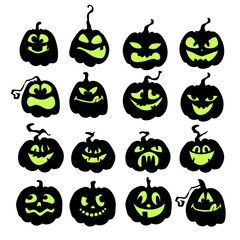 Scary and funny Halloween pumpkins. Black silhouettes of pumpkins with green faces. Vector stock illustration of a jack lantern on a white background.