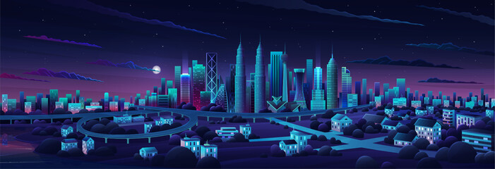 Naklejka premium Simple flat illustration of Kuala Lumpur city in Malaysia and skyline landmarks. Panorama cityscape of middle Kuala Lumpur. Famous buildings and landmarks included Malaysia. City center night time