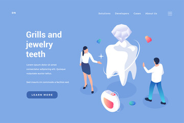 Inserting jewelry into teeth. Aesthetic dentistry with elite materials. Installation and prosthetics implants made of precious metals and diamond inserts. Vector home page isometric template