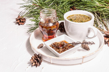 Pine needle tea, sollip-cha, traditional Korean beverage with pine cone jam