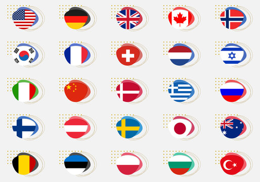 Flag icon set. National flags of the world with abstract background and geometric shapes. Different nation and country emblems. Vector illustration.