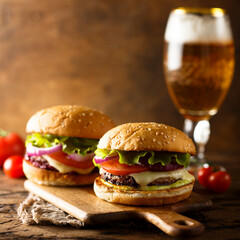 Traditional homemade cheeseburgers with lettuce and onion