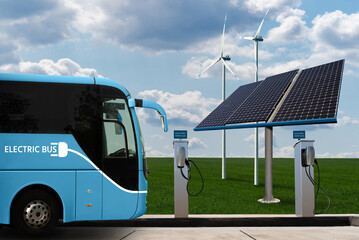Electric bus with charging station on a background of Solar panels and wind turbines. Clean mobility concept