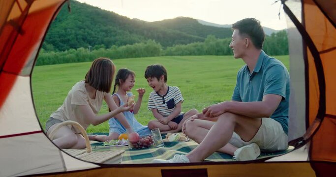 Happy young Chinese family having a picnic outdoors,4K