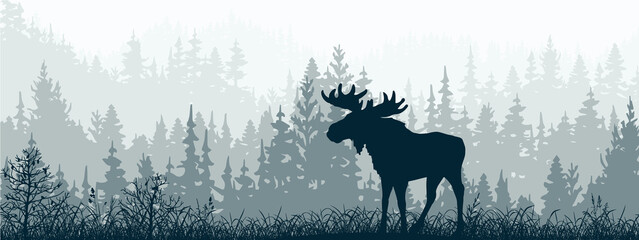 Horizontal banner. Silhouette of moose standing on meadow in forrest. Silhouette of animal, trees, grass. Magical misty landscape, fog. Blue and gray illustration. Bookmark.