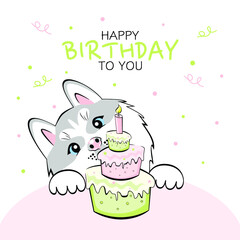 Obraz na płótnie Canvas happy birthday greeting card with husky puppy