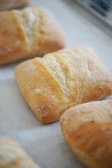 Fresh ciabatta bread rolls after baking