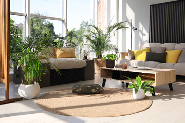 Indoor terrace interior with modern furniture and houseplants