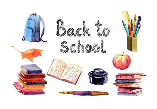 Watercolor Back to school set - books, autumn leaf, bag, apple, vintage pen and ink bottle, pencils. Bundle of isolated illustrations, pictures for education design